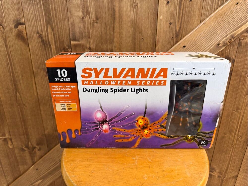 Sylvania Halloween Dangling Spider Lights 10 Spiders 9 Ft Vintage Tested Works (